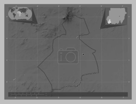 Foto de South Darfur, state of Sudan. Grayscale elevation map with lakes and rivers. Locations of major cities of the region. Corner auxiliary location maps - Imagen libre de derechos