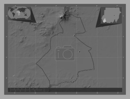 Foto de South Darfur, state of Sudan. Bilevel elevation map with lakes and rivers. Locations of major cities of the region. Corner auxiliary location maps - Imagen libre de derechos