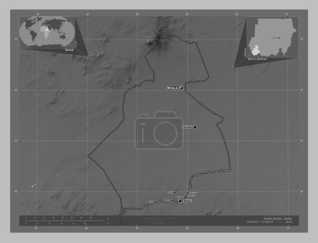 Foto de South Darfur, state of Sudan. Grayscale elevation map with lakes and rivers. Locations and names of major cities of the region. Corner auxiliary location maps - Imagen libre de derechos