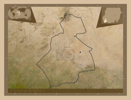 Foto de Darfur del Sur, estado de Sudán. Mapa satelital de baja resolución. Ubicaciones de las principales ciudades de la región. Mapas de ubicación auxiliares de esquina - Imagen libre de derechos