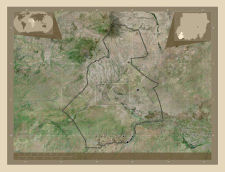 Foto de Darfur del Sur, estado de Sudán. Mapa satelital de alta resolución. Ubicaciones de las principales ciudades de la región. Mapas de ubicación auxiliares de esquina - Imagen libre de derechos