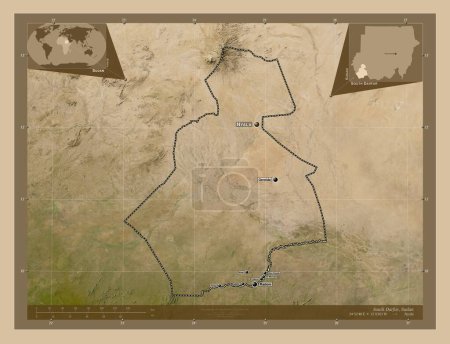 Foto de Darfur del Sur, estado de Sudán. Mapa satelital de baja resolución. Ubicaciones y nombres de las principales ciudades de la región. Mapas de ubicación auxiliares de esquina - Imagen libre de derechos
