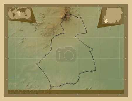 Photo for South Darfur, state of Sudan. Colored elevation map with lakes and rivers. Corner auxiliary location maps - Royalty Free Image