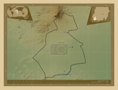 Foto de Darfur del Sur, estado de Sudán. Mapa de elevación de colores con lagos y ríos. Ubicaciones y nombres de las principales ciudades de la región. Mapas de ubicación auxiliares de esquina - Imagen libre de derechos