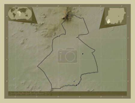 Foto de Darfur del Sur, estado de Sudán. Mapa de elevación coloreado en estilo wiki con lagos y ríos. Ubicaciones de las principales ciudades de la región. Mapas de ubicación auxiliares de esquina - Imagen libre de derechos