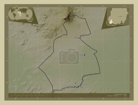 Foto de Darfur del Sur, estado de Sudán. Mapa de elevación coloreado en estilo wiki con lagos y ríos. Ubicaciones y nombres de las principales ciudades de la región. Mapas de ubicación auxiliares de esquina - Imagen libre de derechos