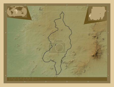 Téléchargez les photos : West Darfur, state of Sudan. Colored elevation map with lakes and rivers. Corner auxiliary location maps - en image libre de droit