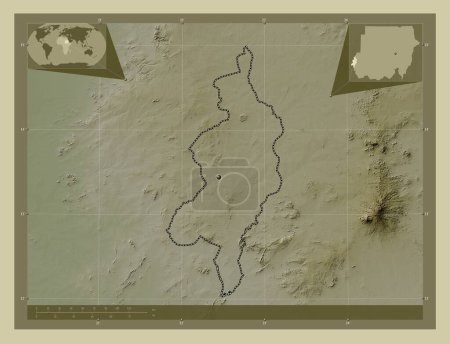 Téléchargez les photos : Darfour occidental, État du Soudan. Carte d'altitude colorée dans le style wiki avec des lacs et des rivières. Emplacements des grandes villes de la région. Corner cartes de localisation auxiliaires - en image libre de droit