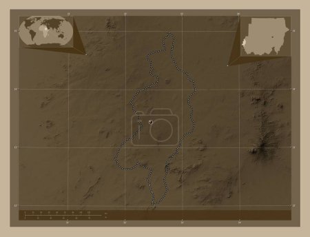 Photo for West Darfur, state of Sudan. Elevation map colored in sepia tones with lakes and rivers. Corner auxiliary location maps - Royalty Free Image