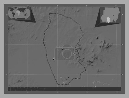 Foto de West Kurdufan, state of Sudan. Bilevel elevation map with lakes and rivers. Locations of major cities of the region. Corner auxiliary location maps - Imagen libre de derechos