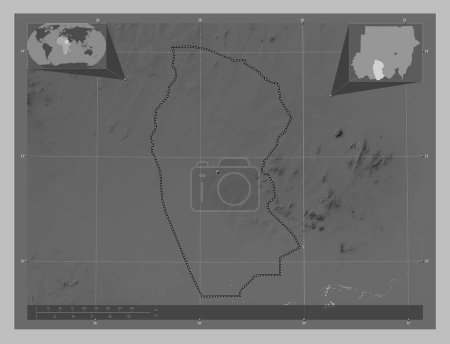 Foto de West Kurdufan, state of Sudan. Grayscale elevation map with lakes and rivers. Corner auxiliary location maps - Imagen libre de derechos