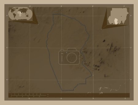 Téléchargez les photos : West Kurdufan, state of Sudan. Elevation map colored in sepia tones with lakes and rivers. Corner auxiliary location maps - en image libre de droit