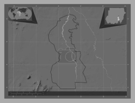 Téléchargez les photos : White Nile, state of Sudan. Bilevel elevation map with lakes and rivers. Corner auxiliary location maps - en image libre de droit