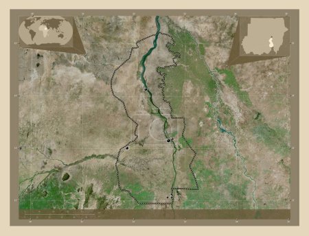 Photo for White Nile, state of Sudan. High resolution satellite map. Locations of major cities of the region. Corner auxiliary location maps - Royalty Free Image