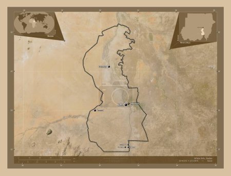 Foto de Nilo Blanco, estado de Sudán. Mapa satelital de baja resolución. Ubicaciones y nombres de las principales ciudades de la región. Mapas de ubicación auxiliares de esquina - Imagen libre de derechos