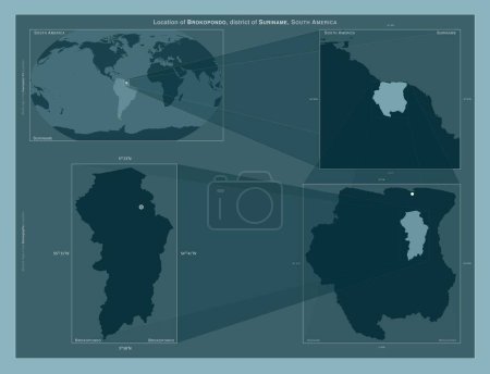 Foto de Brokopondo, distrito de Surinam. Diagrama que muestra la ubicación de la región en mapas a gran escala. Composición de marcos vectoriales y formas PNG sobre un fondo sólido - Imagen libre de derechos
