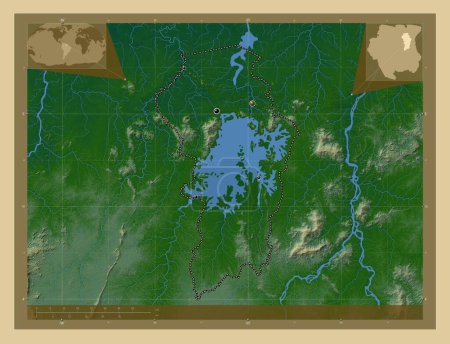 Téléchargez les photos : Brokopondo, district of Suriname. Colored elevation map with lakes and rivers. Locations of major cities of the region. Corner auxiliary location maps - en image libre de droit