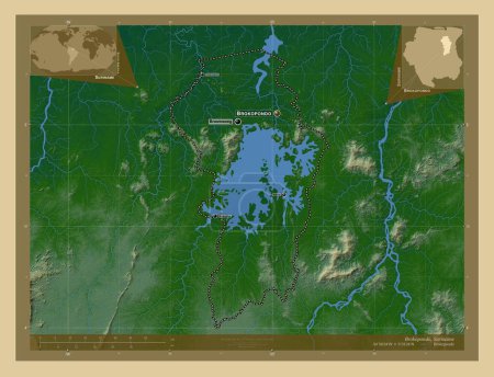 Foto de Brokopondo, district of Suriname. Colored elevation map with lakes and rivers. Locations and names of major cities of the region. Corner auxiliary location maps - Imagen libre de derechos