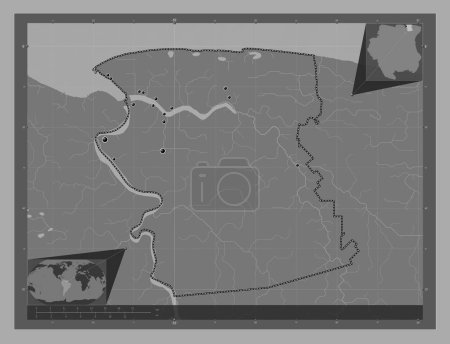 Téléchargez les photos : Commewijne, district of Suriname. Bilevel elevation map with lakes and rivers. Locations of major cities of the region. Corner auxiliary location maps - en image libre de droit