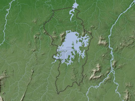Téléchargez les photos : Brokopondo, district du Suriname. Carte d'altitude colorée dans le style wiki avec des lacs et des rivières - en image libre de droit