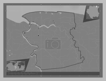 Photo for Commewijne, district of Suriname. Grayscale elevation map with lakes and rivers. Locations of major cities of the region. Corner auxiliary location maps - Royalty Free Image