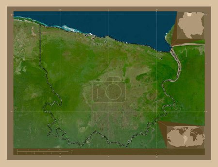 Foto de Coronie, distrito de Surinam. Mapa satelital de baja resolución. Ubicaciones de las principales ciudades de la región. Mapas de ubicación auxiliares de esquina - Imagen libre de derechos