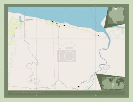 Téléchargez les photos : Coronie, district of Suriname. Open Street Map. Locations of major cities of the region. Corner auxiliary location maps - en image libre de droit