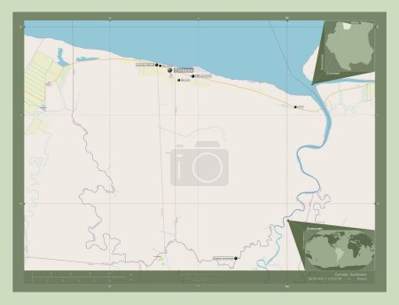 Téléchargez les photos : Coronie, district du Suriname. Ouvrir la carte routière. Emplacements et noms des grandes villes de la région. Corner cartes de localisation auxiliaires - en image libre de droit