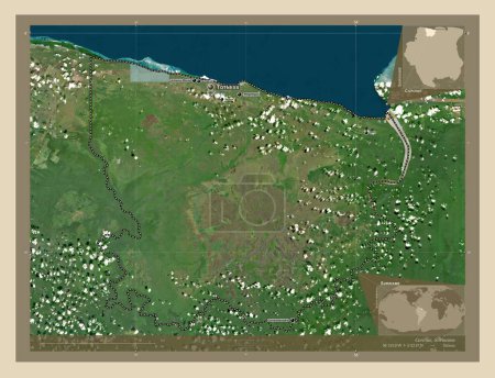 Foto de Coronie, distrito de Surinam. Mapa satelital de alta resolución. Ubicaciones y nombres de las principales ciudades de la región. Mapas de ubicación auxiliares de esquina - Imagen libre de derechos