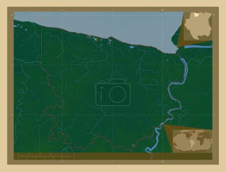 Téléchargez les photos : Coronie, district du Suriname. Carte d'altitude colorée avec lacs et rivières. Emplacements des grandes villes de la région. Corner cartes de localisation auxiliaires - en image libre de droit