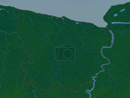 Téléchargez les photos : Coronie, district of Suriname. Colored elevation map with lakes and rivers - en image libre de droit