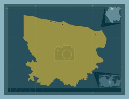 Foto de Coronie, distrito de Surinam. Forma de color sólido. Ubicaciones de las principales ciudades de la región. Mapas de ubicación auxiliares de esquina - Imagen libre de derechos