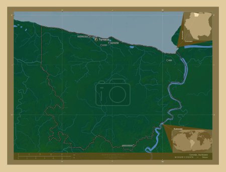 Foto de Coronie, distrito de Surinam. Mapa de elevación de colores con lagos y ríos. Ubicaciones y nombres de las principales ciudades de la región. Mapas de ubicación auxiliares de esquina - Imagen libre de derechos