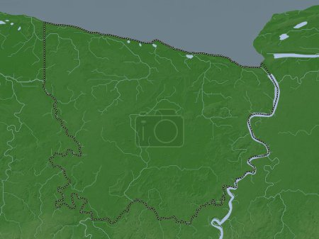 Foto de Coronie, distrito de Surinam. Mapa de elevación coloreado en estilo wiki con lagos y ríos - Imagen libre de derechos