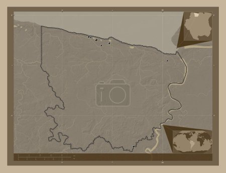 Téléchargez les photos : Coronie, district du Suriname. Carte d'altitude colorée dans des tons sépia avec des lacs et des rivières. Emplacements des grandes villes de la région. Corner cartes de localisation auxiliaires - en image libre de droit