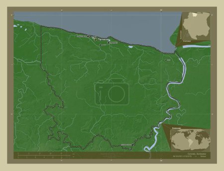 Foto de Coronie, distrito de Surinam. Mapa de elevación coloreado en estilo wiki con lagos y ríos. Ubicaciones y nombres de las principales ciudades de la región. Mapas de ubicación auxiliares de esquina - Imagen libre de derechos