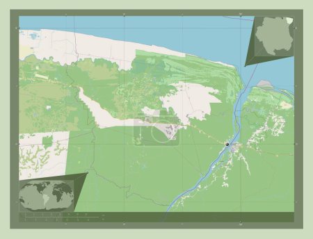 Foto de Marowijne, distrito de Surinam. Open Street Map. Mapas de ubicación auxiliares de esquina - Imagen libre de derechos