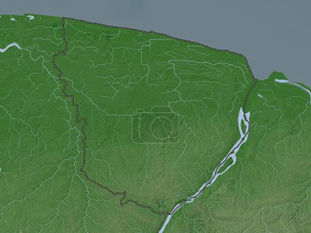 Téléchargez les photos : Marowijne, district du Suriname. Carte d'altitude colorée dans le style wiki avec des lacs et des rivières - en image libre de droit
