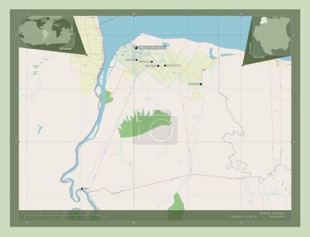 Foto de Nickerie, distrito de Surinam. Open Street Map. Ubicaciones y nombres de las principales ciudades de la región. Mapas de ubicación auxiliares de esquina - Imagen libre de derechos