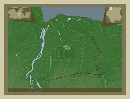 Photo for Nickerie, district of Suriname. Elevation map colored in wiki style with lakes and rivers. Locations of major cities of the region. Corner auxiliary location maps - Royalty Free Image