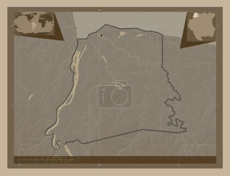 Téléchargez les photos : Nickerie, district du Suriname. Carte d'altitude colorée dans des tons sépia avec des lacs et des rivières. Corner cartes de localisation auxiliaires - en image libre de droit