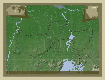 Téléchargez les photos : Para, district du Suriname. Carte d'altitude colorée dans le style wiki avec des lacs et des rivières. Emplacements des grandes villes de la région. Corner cartes de localisation auxiliaires - en image libre de droit