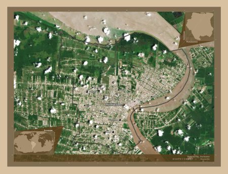 Téléchargez les photos : Paramaribo, district of Suriname. Low resolution satellite map. Locations and names of major cities of the region. Corner auxiliary location maps - en image libre de droit