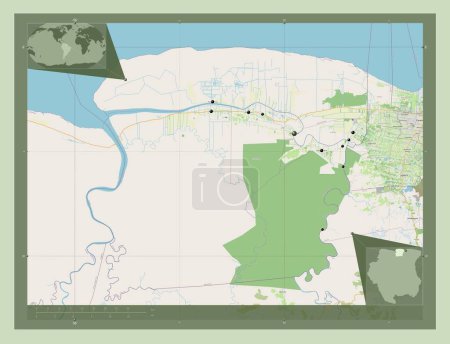 Foto de Saramacca, district of Suriname. Open Street Map. Locations of major cities of the region. Corner auxiliary location maps - Imagen libre de derechos