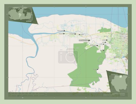Foto de Saramacca, district of Suriname. Open Street Map. Locations and names of major cities of the region. Corner auxiliary location maps - Imagen libre de derechos
