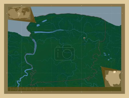 Téléchargez les photos : Saramacca, district du Suriname. Carte d'altitude colorée avec lacs et rivières. Corner cartes de localisation auxiliaires - en image libre de droit