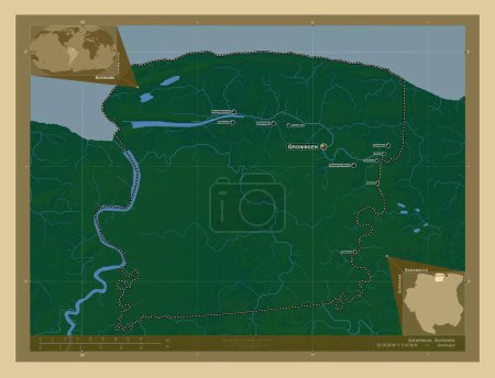 Téléchargez les photos : Saramacca, district du Suriname. Carte d'altitude colorée avec lacs et rivières. Emplacements et noms des grandes villes de la région. Corner cartes de localisation auxiliaires - en image libre de droit