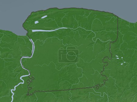Téléchargez les photos : Saramacca, district du Suriname. Carte d'altitude colorée dans le style wiki avec des lacs et des rivières - en image libre de droit