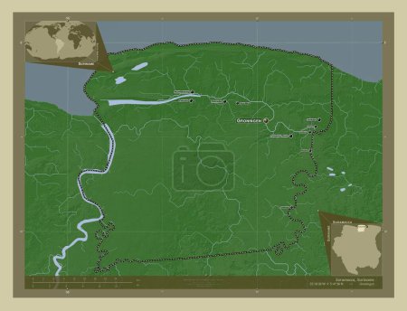 Photo for Saramacca, district of Suriname. Elevation map colored in wiki style with lakes and rivers. Locations and names of major cities of the region. Corner auxiliary location maps - Royalty Free Image