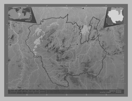 Photo for Sipaliwini, district of Suriname. Grayscale elevation map with lakes and rivers. Locations and names of major cities of the region. Corner auxiliary location maps - Royalty Free Image